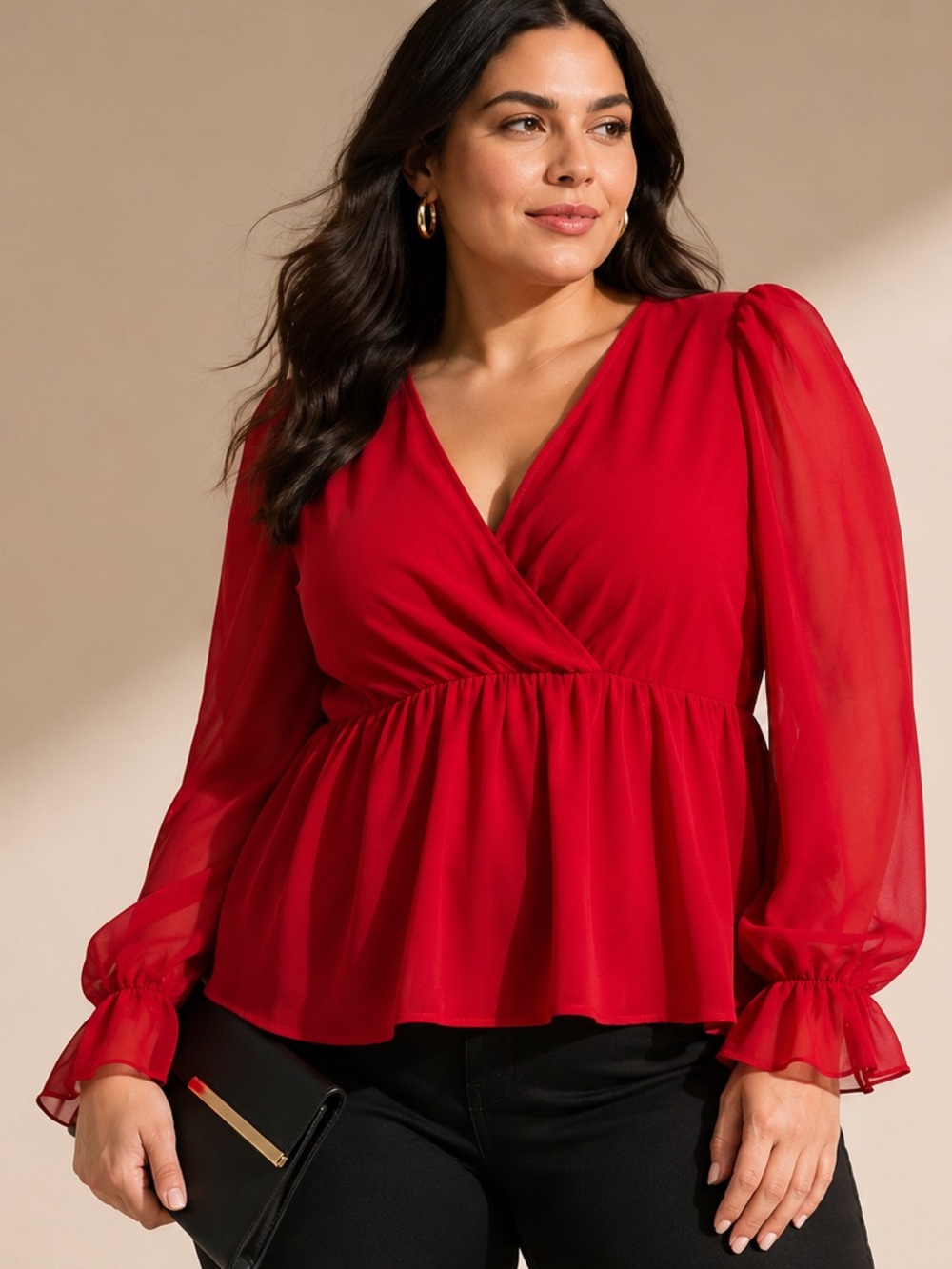 Torrid Red Surplice Peplum Blouse Plus Sheer Long Sleeve V-Neck Date Night 2X